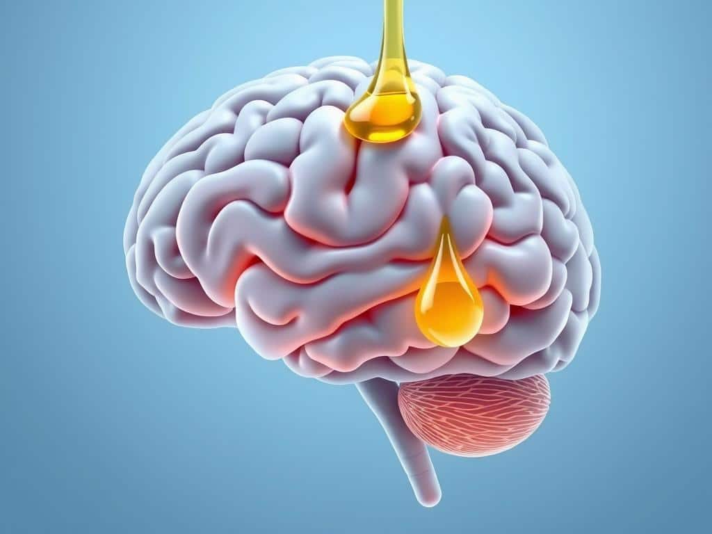 Brain illustration with olive oil drops, representing olive oil's benefits for brain health in the olive oil vs coconut oil for health comparison