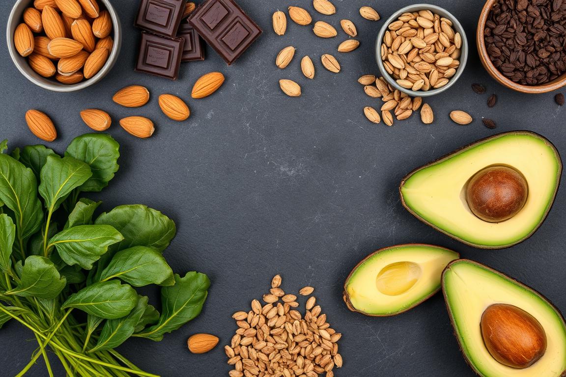 Collection of magnesium-rich foods including dark leafy greens, nuts, seeds, and whole grains Collection of magnesium-rich foods including dark leafy greens, nuts, seeds, and whole grains