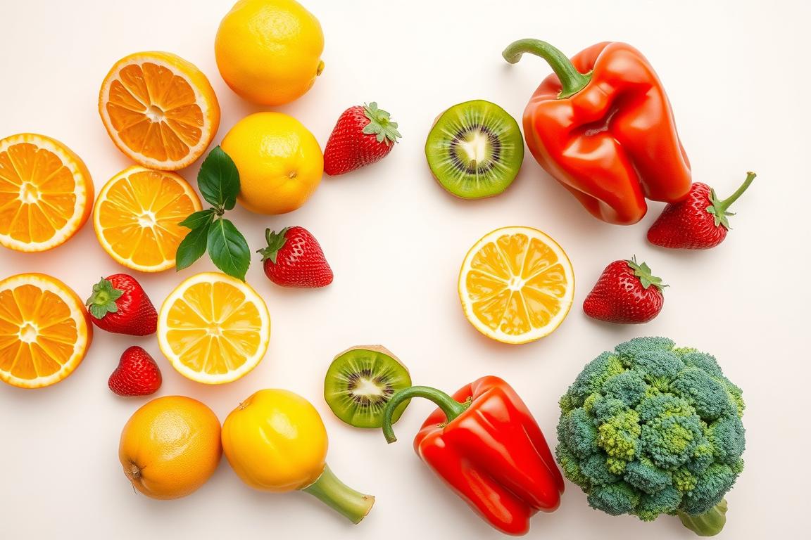 Colorful array of vitamin C-rich foods including citrus fruits, bell peppers, and berries Colorful array of vitamin C-rich foods including citrus fruits, bell peppers, and berries