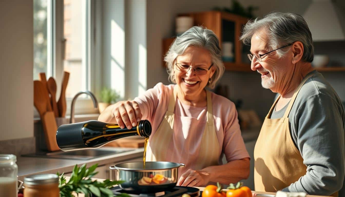 Elderly Mediterranean couple cooking with olive oil, representing the longevity benefits associated with olive oil consumption