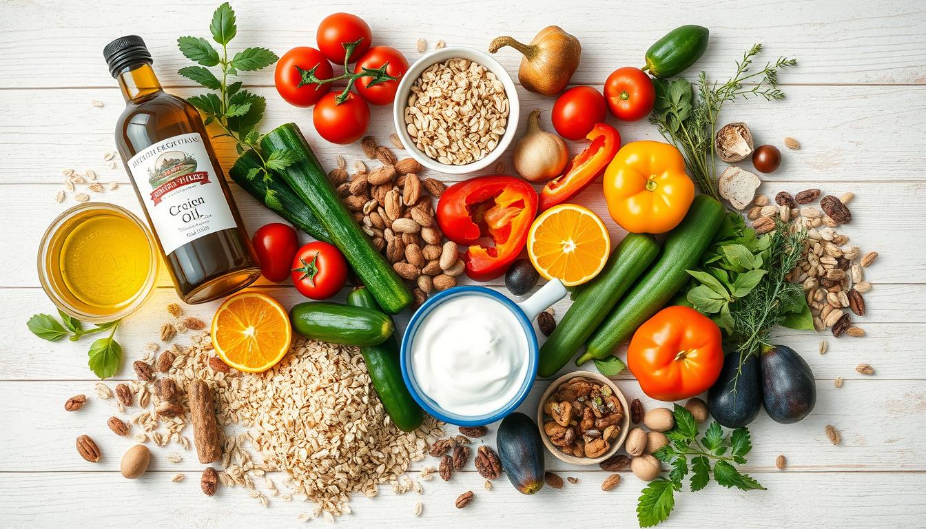 Fresh Mediterranean breakfast ingredients including olive oil, vegetables, and whole grains Fresh Mediterranean breakfast ingredients including olive oil, vegetables, and whole grains