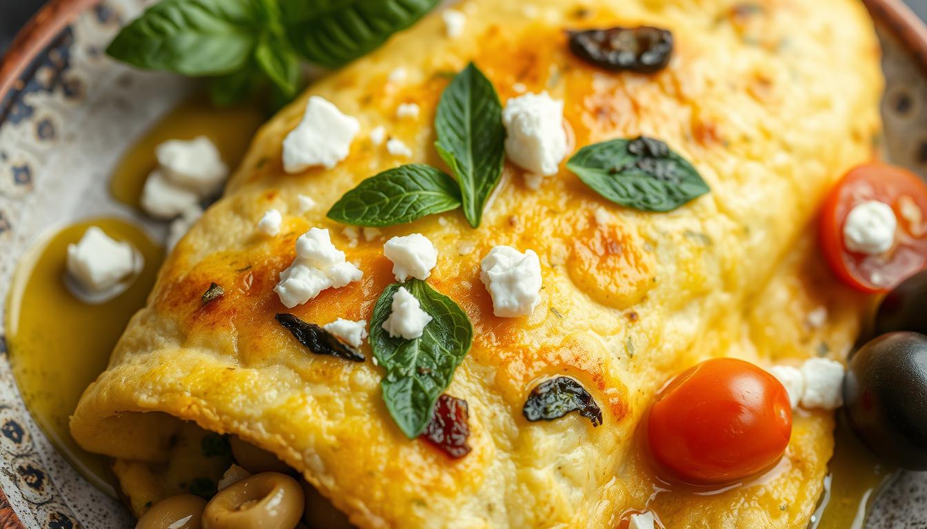 Greek omelette with zucchini, mint, and feta cheese on a rustic plate Greek omelette with zucchini, mint, and feta cheese on a rustic plate