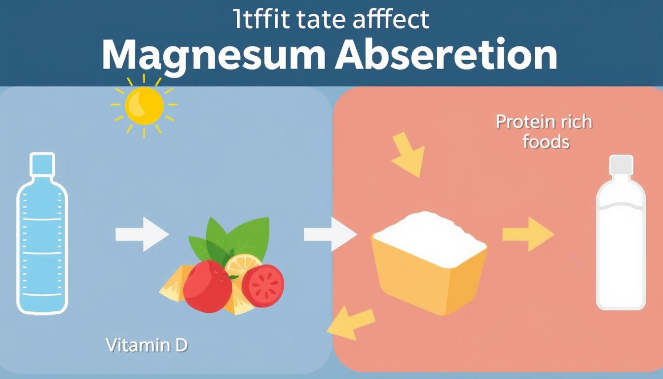 Illustration showing factors that affect magnesium absorption including vitamin D, protein, and refined sugar Illustration showing factors that affect magnesium absorption including vitamin D, protein, and refined sugar