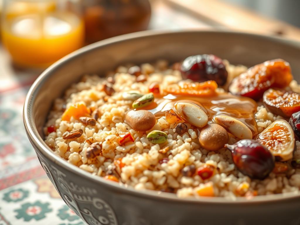 Lebanese breakfast bulgur cereal with dried fruits, nuts, and honey Lebanese breakfast bulgur cereal with dried fruits, nuts, and honey
