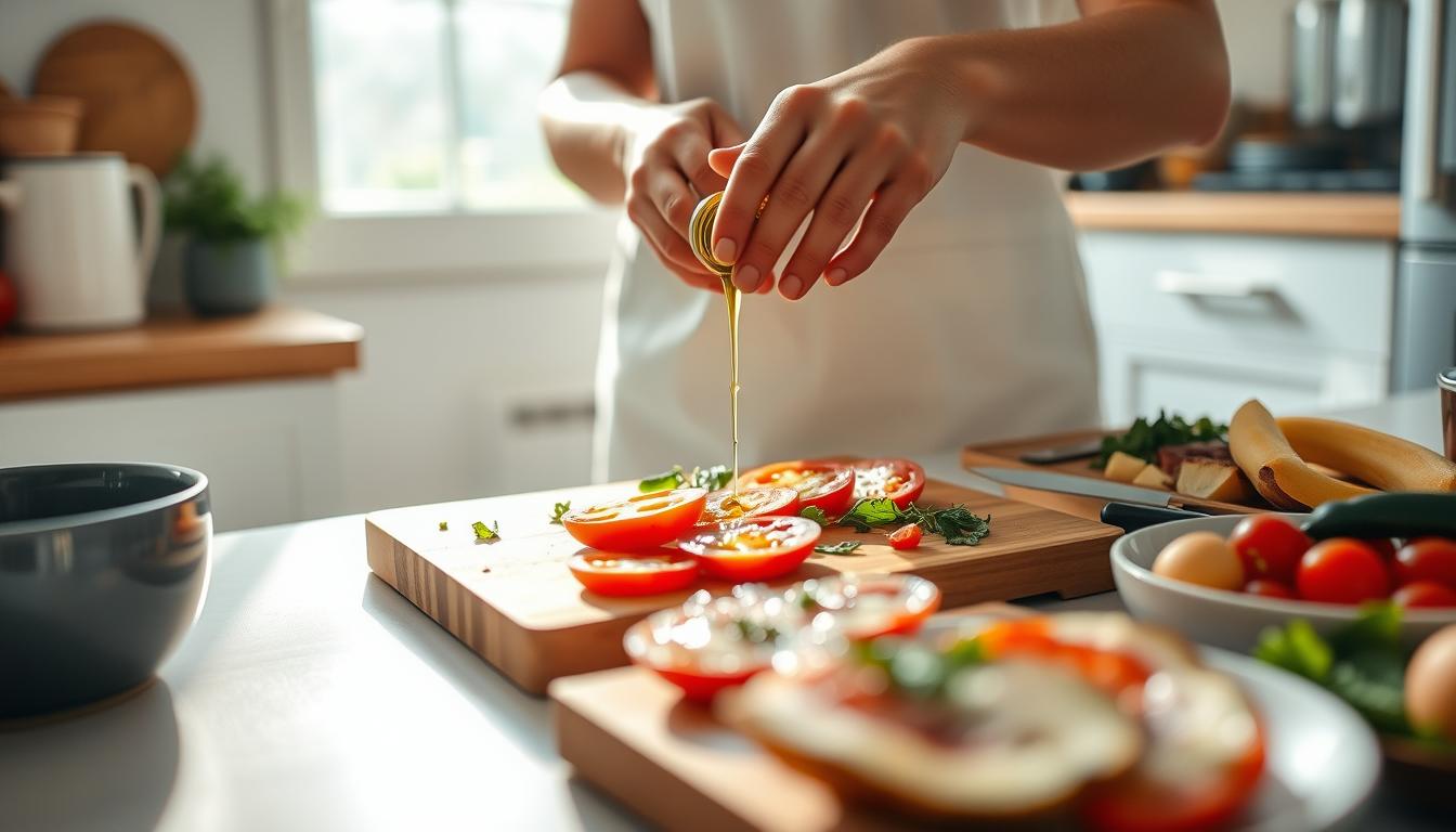 Mediterranean breakfast preparation with fresh ingredients and olive oil Mediterranean breakfast preparation with fresh ingredients and olive oil