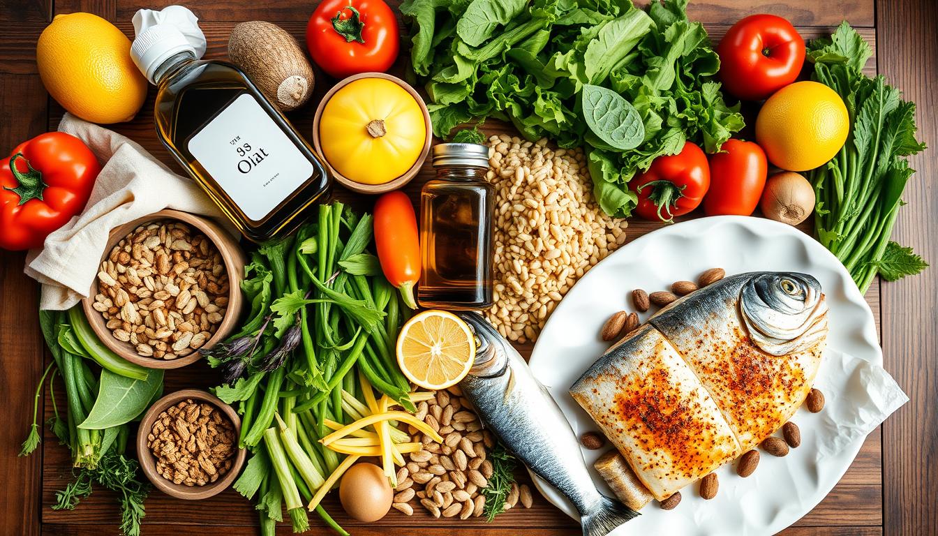 Mediterranean diet spread featuring olive oil as the central ingredient, summarizing the olive oil vs coconut oil for health comparison