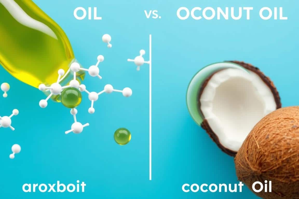 Microscopic view of antioxidants in olive oil compared to coconut oil, showing olive oil's superior antioxidant content