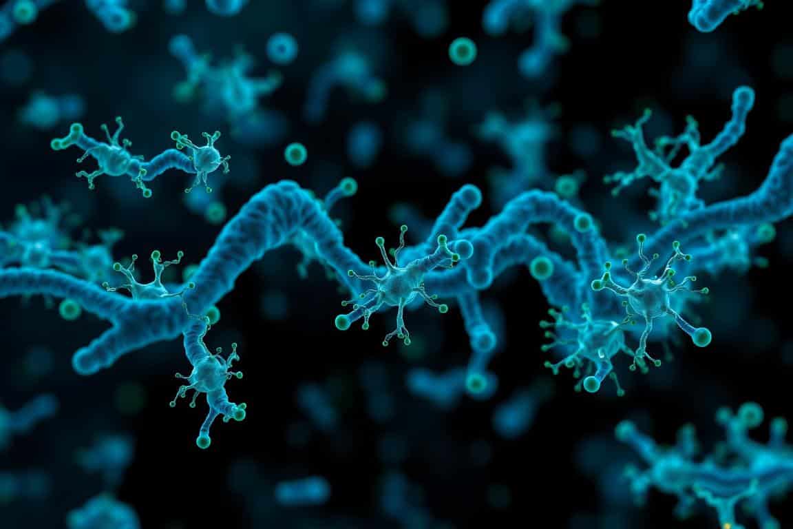 Microscopic view of gut bacteria flourishing with olive oil, illustrating olive oil's benefits for gut health