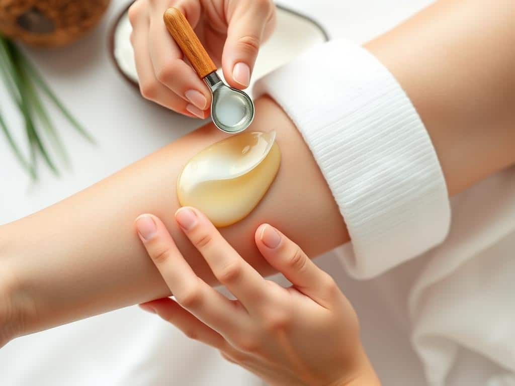 Person applying coconut oil as a skin moisturizer, showing appropriate topical use of coconut oil