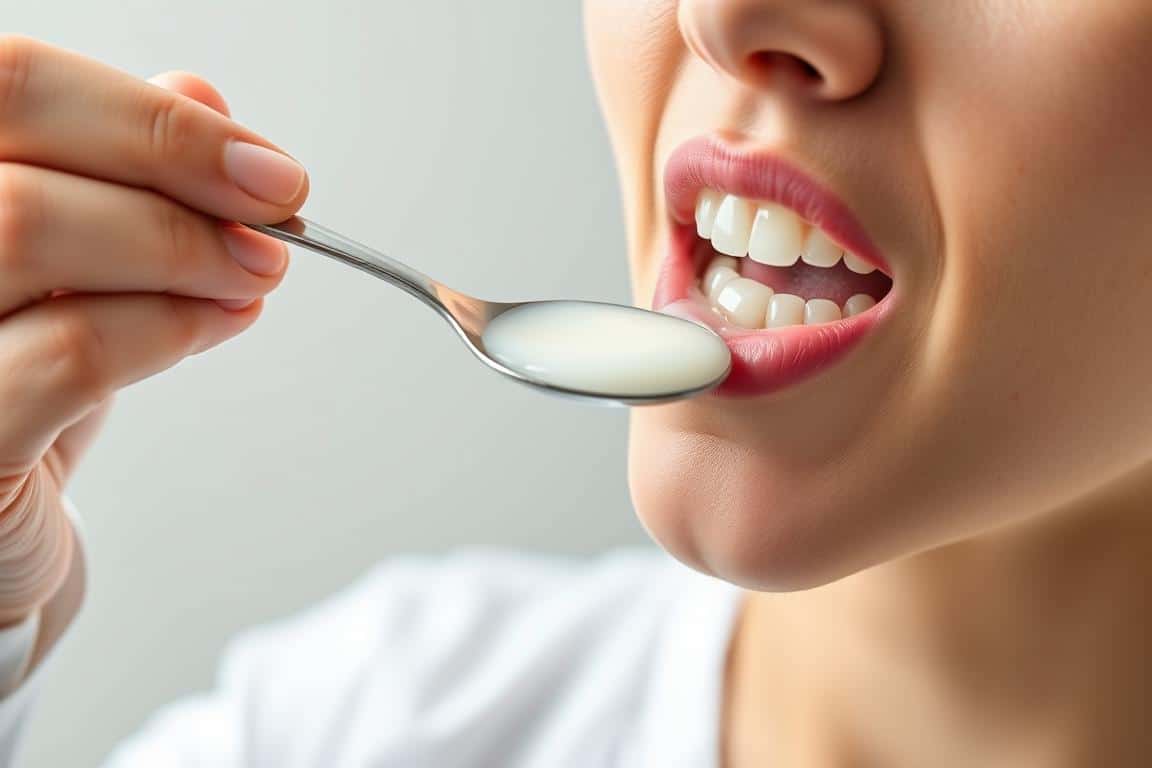 Person demonstrating oil pulling with coconut oil for oral health, showing non-dietary benefits of coconut oil
