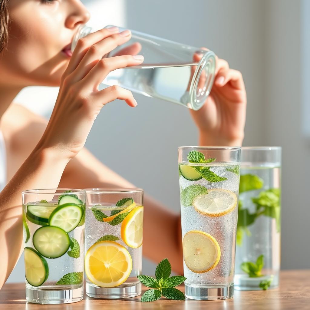 Person drinking water with infused fruits and herbs Person drinking water with infused fruits and herbs