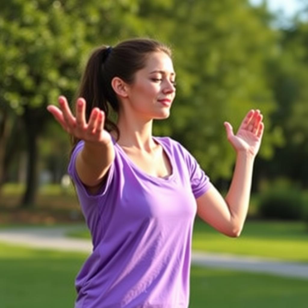 Person engaged in moderate exercise outdoors like walking or yoga Person engaged in moderate exercise outdoors like walking or yoga