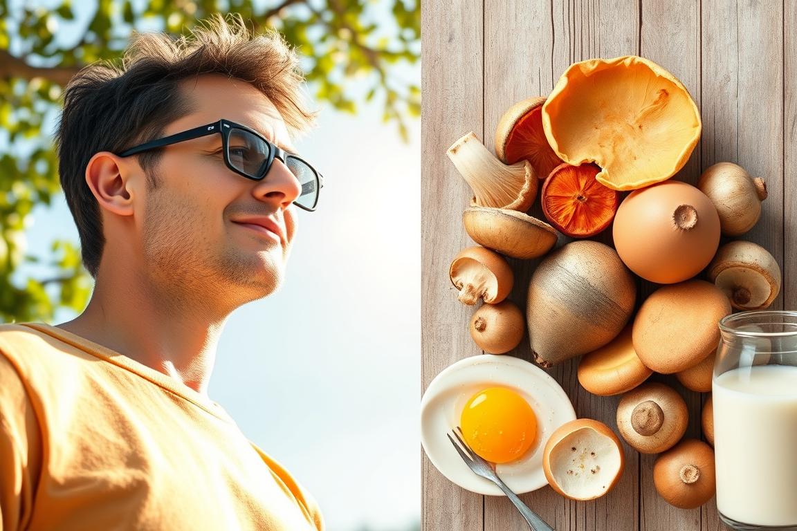 Person enjoying sunlight outdoors with vitamin D-rich foods like fatty fish, eggs, and mushrooms in the foreground Person enjoying sunlight outdoors with vitamin D-rich foods like fatty fish, eggs, and mushrooms in the foreground