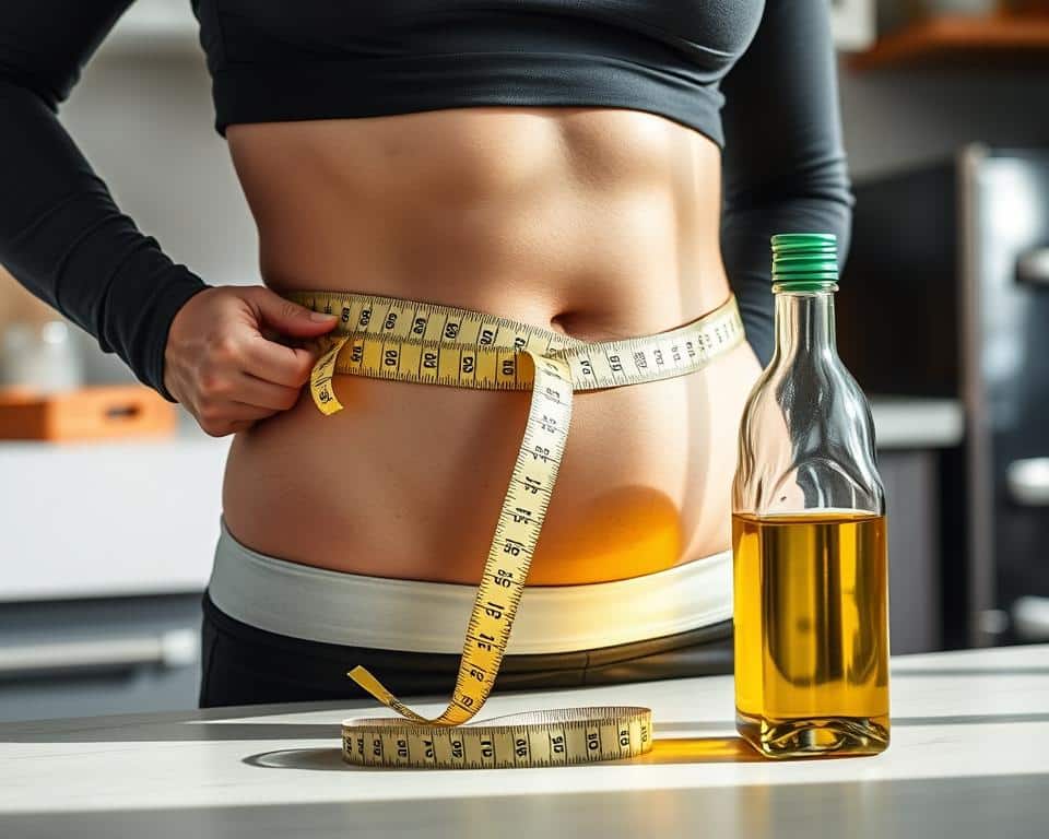Person measuring waistline with measuring tape next to olive oil bottle, representing olive oil's benefits for weight management