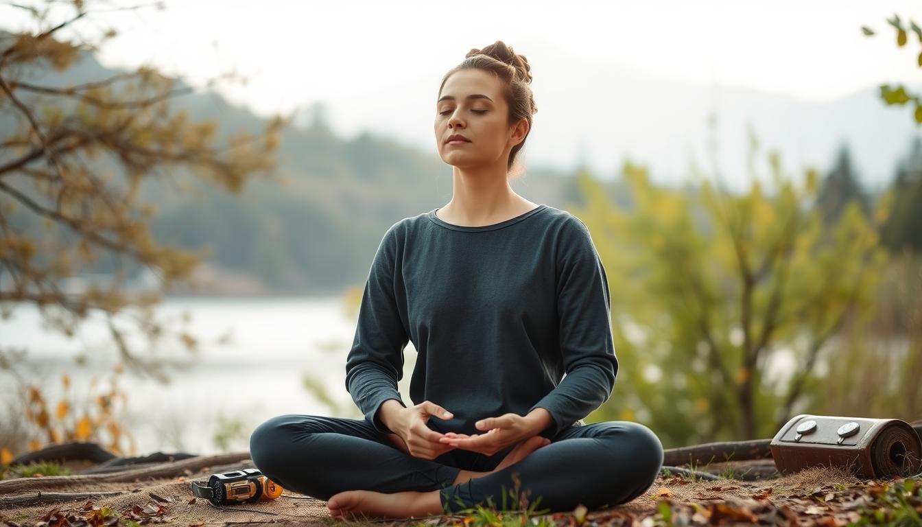 Person practicing mindfulness meditation in a peaceful natural setting Person practicing mindfulness meditation in a peaceful natural setting