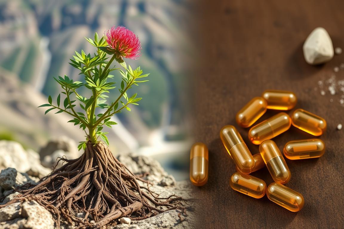 Rhodiola rosea plant with roots and supplement capsules Rhodiola rosea plant with roots and supplement capsules
