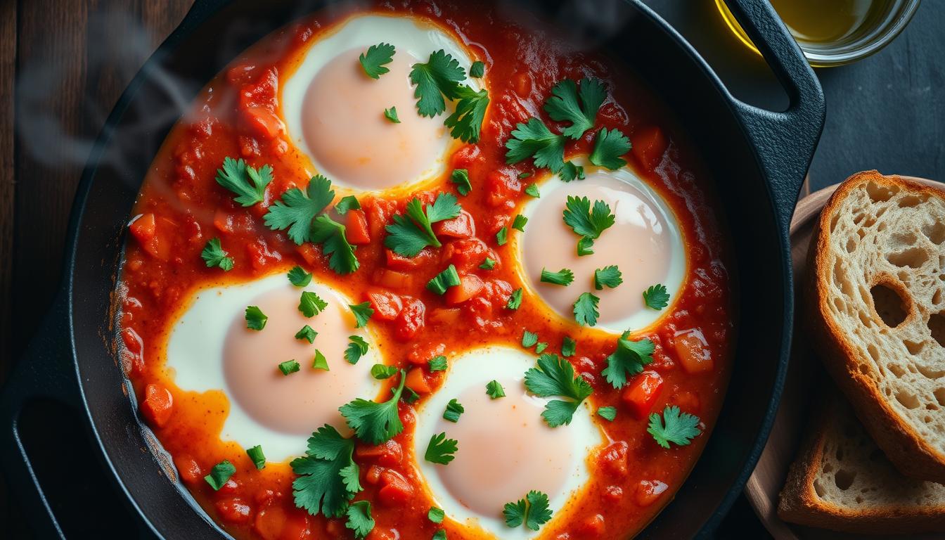 Sizzling shakshuka with eggs poached in spiced tomato sauce Sizzling shakshuka with eggs poached in spiced tomato sauce