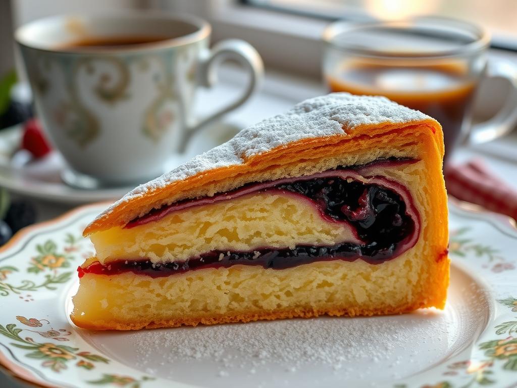 Slice of Italian breakfast torta with berry jam and powdered sugar Slice of Italian breakfast torta with berry jam and powdered sugar