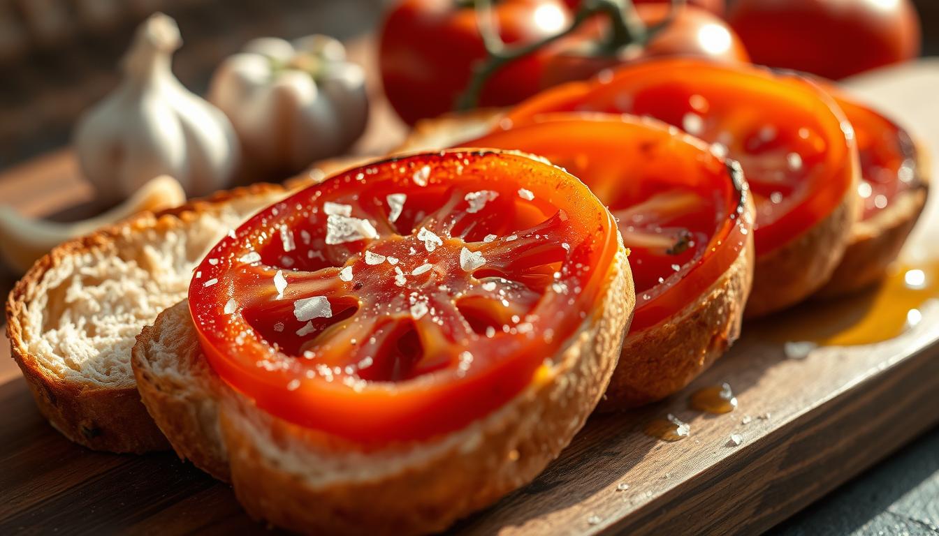 Spanish pan con tomate with olive oil drizzle on rustic bread Spanish pan con tomate with olive oil drizzle on rustic bread