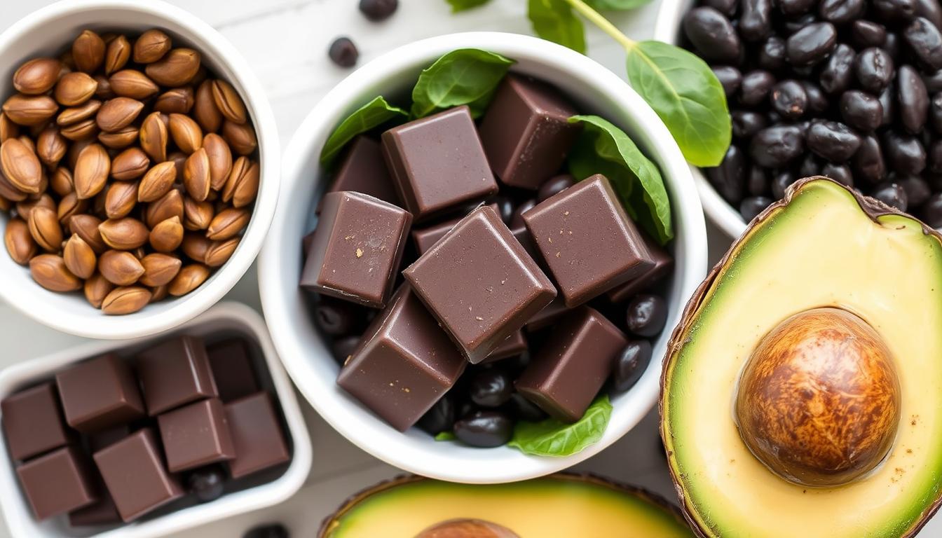 The top 5 magnesium-rich foods highlighted: pumpkin seeds, spinach, dark chocolate, black beans, and avocado arranged in an attractive display The top 5 magnesium-rich foods highlighted: pumpkin seeds, spinach, dark chocolate, black beans, and avocado arranged in an attractive display