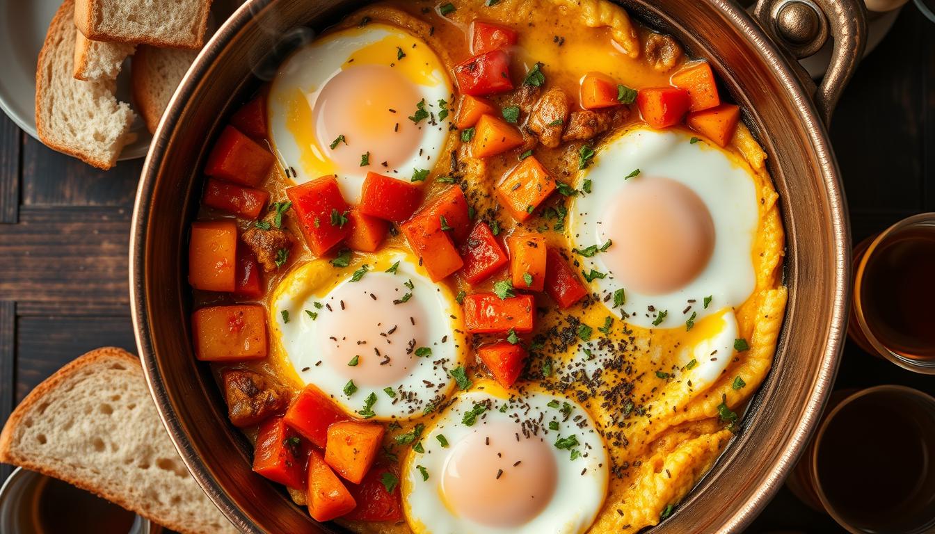 Turkish menemen with scrambled eggs, peppers, and tomatoes in traditional pan Turkish menemen with scrambled eggs, peppers, and tomatoes in traditional pan