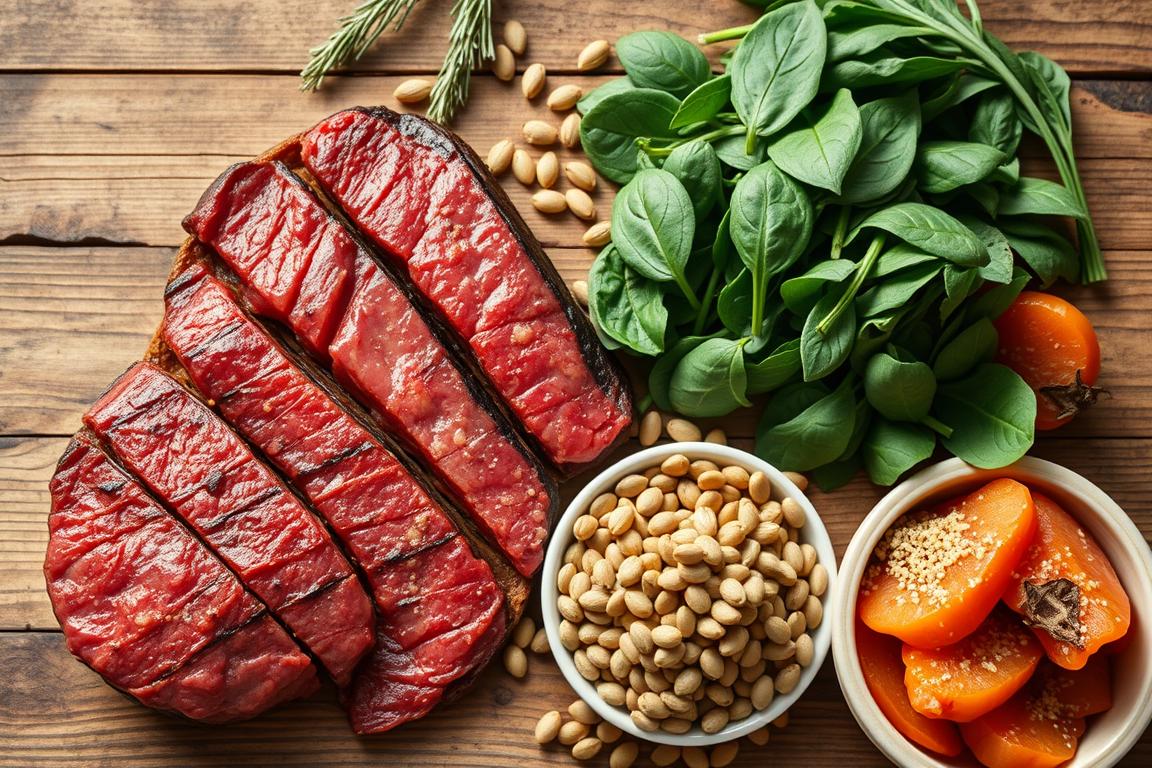 Variety of iron-rich foods including lean red meat, spinach, lentils, and pumpkin seeds Variety of iron-rich foods including lean red meat, spinach, lentils, and pumpkin seeds