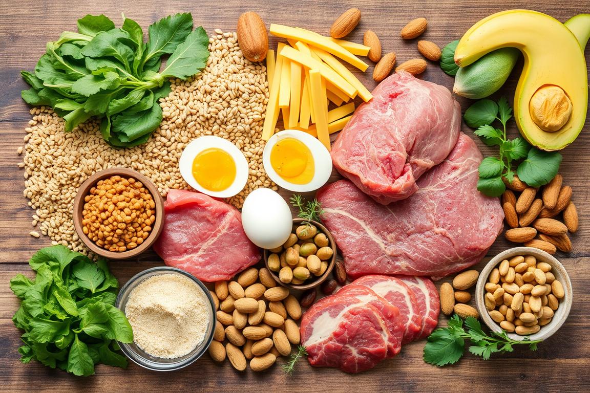 Various B-complex vitamin-rich foods including whole grains, leafy greens, eggs, and lean meats arranged on a wooden surface Various B-complex vitamin-rich foods including whole grains, leafy greens, eggs, and lean meats arranged on a wooden surface
