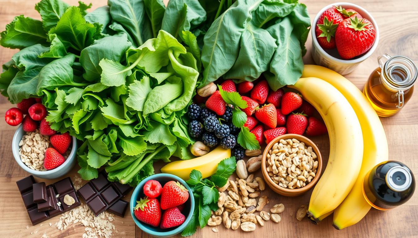 Various foods that reduce blood pressure including leafy greens, berries, bananas, and nuts arranged on a wooden table Various foods that reduce blood pressure including leafy greens, berries, bananas, and nuts arranged on a wooden table