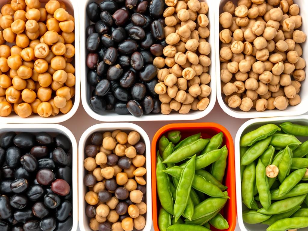 Various legumes high in magnesium including black beans, lentils, chickpeas, and edamame in separate containers Various legumes high in magnesium including black beans, lentils, chickpeas, and edamame in separate containers