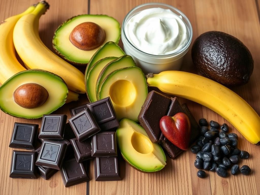Various other magnesium-rich foods including dark chocolate, avocados, bananas, and yogurt arranged on a wooden surface Various other magnesium-rich foods including dark chocolate, avocados, bananas, and yogurt arranged on a wooden surface
