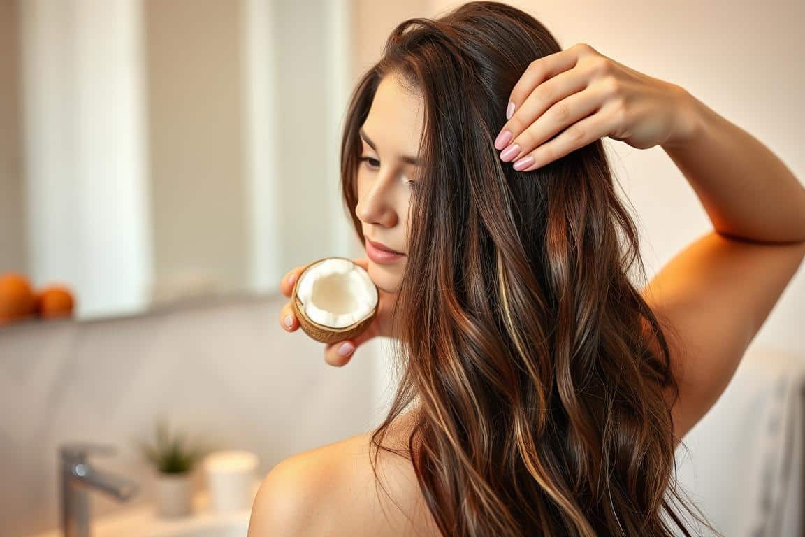 Woman applying coconut oil to her hair as a treatment, demonstrating non-dietary uses of coconut oil