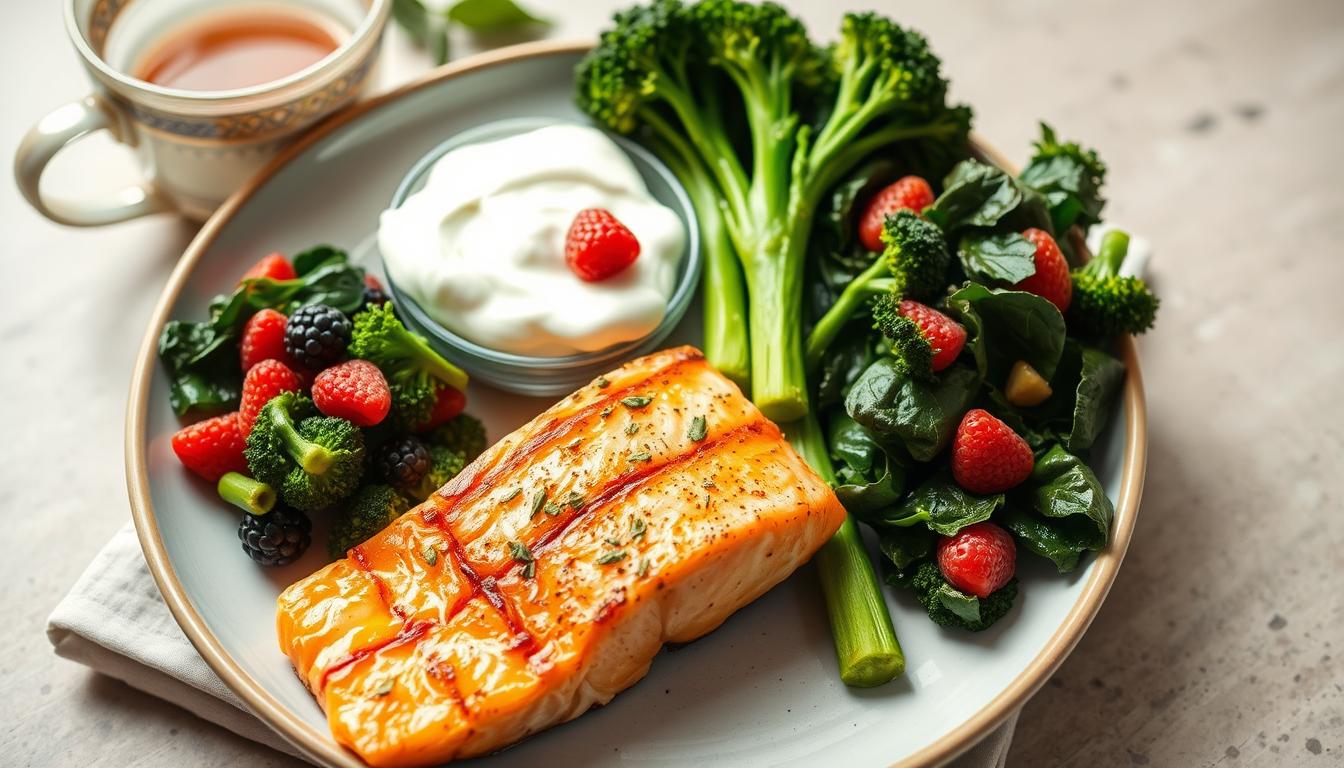 A balanced meal containing multiple immune-boosting foods working synergistically A balanced meal containing multiple immune-boosting foods working synergistically