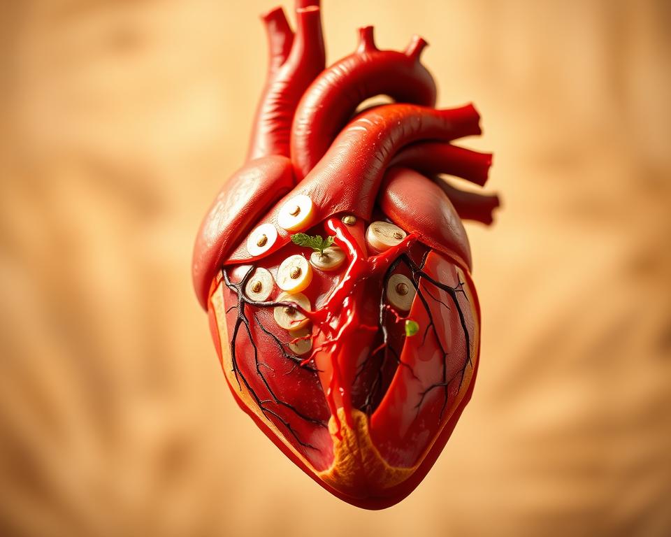 A detailed cross-section of a human heart, highlighting the intricate network of blood vessels and the key components that regulate blood pressure. The image should convey a sense of the vital role food plays in maintaining healthy blood flow and cardiovascular function. The scene should be rendered in a warm, naturalistic color palette, with a focus on the interplay of light and shadow to create depth and dimension. Provide supporting research on the Mediterranean diet's proven efficacy in lowering blood pressure, as well as a related recipe for a heart-healthy Mediterranean dish.