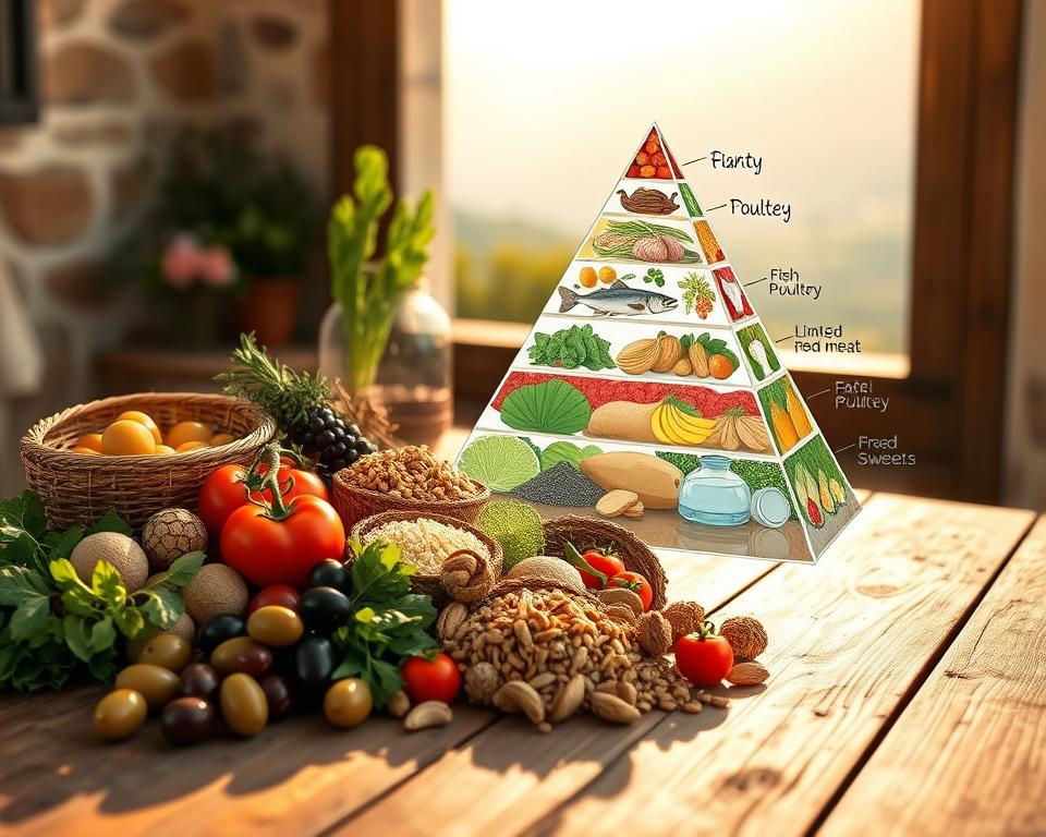 A detailed illustration of a Mediterranean food pyramid on a rustic wooden table, lit by warm, natural light. In the foreground, a variety of fresh, vibrant Mediterranean ingredients - olives, tomatoes, whole grains, nuts, and leafy greens. In the middle ground, a graphical representation of the food pyramid, with the foundation of plant-based foods, followed by fish, poultry, and dairy, and limited red meat and sweets at the top. The background features a soft, blurred Mediterranean landscape, hinting at the region's lush flora and scenic vistas. The overall atmosphere conveys a sense of health, balance, and the simple pleasures of the Mediterranean lifestyle.