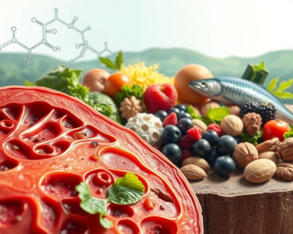 A detailed scientific illustration depicting the interplay between inflammation and dietary factors. In the foreground, a cross-section of inflamed tissue shows swollen blood vessels, immune cells, and damaged cells. In the middle ground, a variety of whole, nutrient-rich foods are arranged, including leafy greens, berries, nuts, and oily fish. The background depicts a molecular landscape, with chemical structures representing anti-inflammatory compounds found in these foods. Bright, directional lighting emphasizes the textural details, while a shallow depth of field keeps the focus on the key elements. The overall mood is one of clarity and scientific understanding, highlighting the connection between diet and the body's inflammatory response.