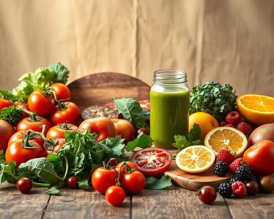 A detailed still life scene depicting various cancer-fighting superfoods on a rustic wooden table, bathed in warm, natural lighting. In the foreground, an assortment of vibrant fruits and vegetables - tomatoes, leafy greens, berries, and citrus - arranged artfully. In the middle ground, a glass jar filled with a nutritious smoothie, complemented by a wooden cutting board with sliced ingredients. The background showcases a minimalist, earthy backdrop, perhaps a linen cloth or a simple wall, to emphasize the healthful, science-backed foods. The overall composition should convey a sense of balance, wellness, and the powerful connection between a cancer-preventive diet and scientific research.