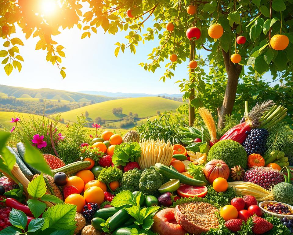 A hyper-realistic digital illustration depicting a vibrant, lush garden bursting with an abundance of plant-based foods. The foreground showcases a variety of colorful, fresh fruits and vegetables, including leafy greens, berries, citrus fruits, and whole grains. The middle ground features an elegant table setting with a hearty plant-based meal, highlighting the nutritional benefits of a plant-based diet for heart health. The background depicts a serene, sun-dappled outdoor setting with verdant foliage, rolling hills, and a clear blue sky, conveying a sense of vitality and wellness. The lighting is warm and natural, casting a golden glow over the scene. The overall mood is one of health, abundance, and the restorative power of a plant-based lifestyle.