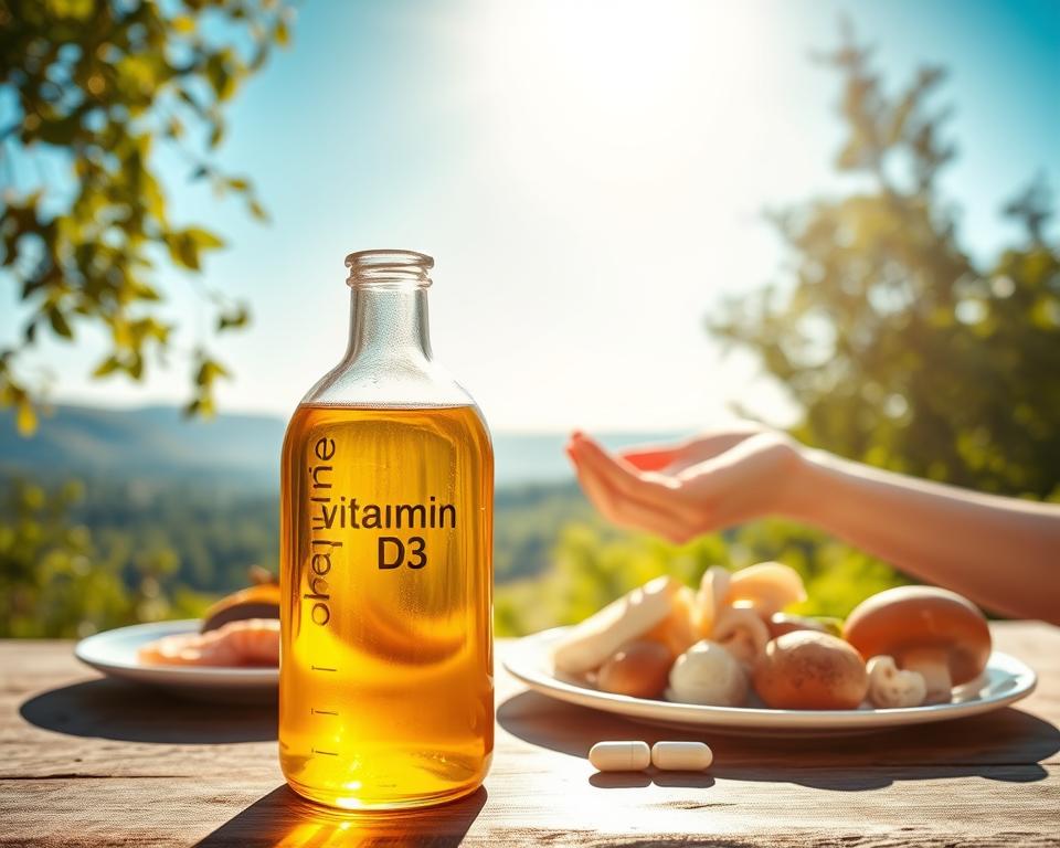 A serene, sun-drenched scene depicting the different forms of vitamin D. In the foreground, a delicate glass bottle filled with a golden, viscous liquid - the pure, concentrated essence of vitamin D3. Beside it, a plate displaying a selection of food sources rich in vitamin D, such as salmon, egg yolks, and mushrooms. In the middle ground, a human hand gently holds a small white capsule, representing the supplemental form of vitamin D. The background showcases a picturesque landscape, with a bright, azure sky overhead and lush, verdant foliage bathed in warm, natural light - a visual metaphor for the sun's vital role in the body's synthesis of this essential nutrient. The overall atmosphere conveys a sense of balance, health, and the interconnectedness of nature, science, and human well-being.