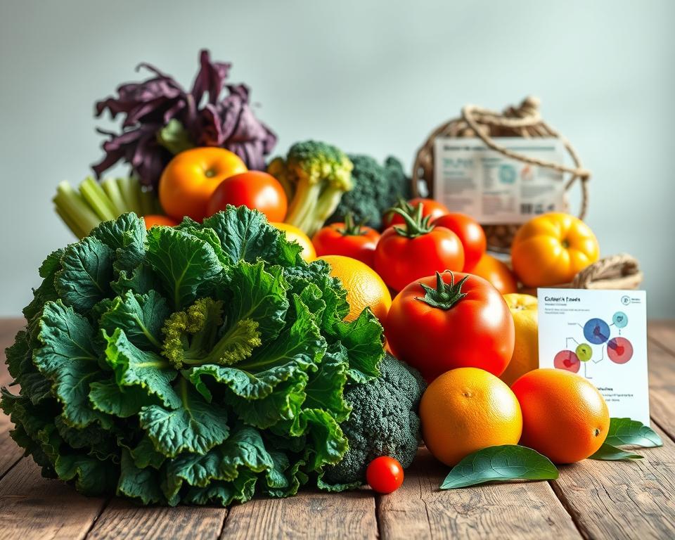 A vibrant and informative still life depicting the natural cancer-fighting properties of a variety of fresh, wholesome foods. In the foreground, an assortment of colorful fruits and vegetables - deep green kale, bright red tomatoes, crisp broccoli florets, and juicy citrus fruits - arranged artfully on a rustic wooden table. Soft, natural lighting casts warm shadows, highlighting the rich textures and vibrant hues. In the middle ground, scientific diagrams and research papers illustrate the mechanisms by which these nutrient-dense foods can help prevent the development and progression of various cancer types, supported by credible citations. The background features a soothing, minimalist backdrop, allowing the subject to take center stage and convey the powerful, research-backed message of using a cancer-preventive diet.