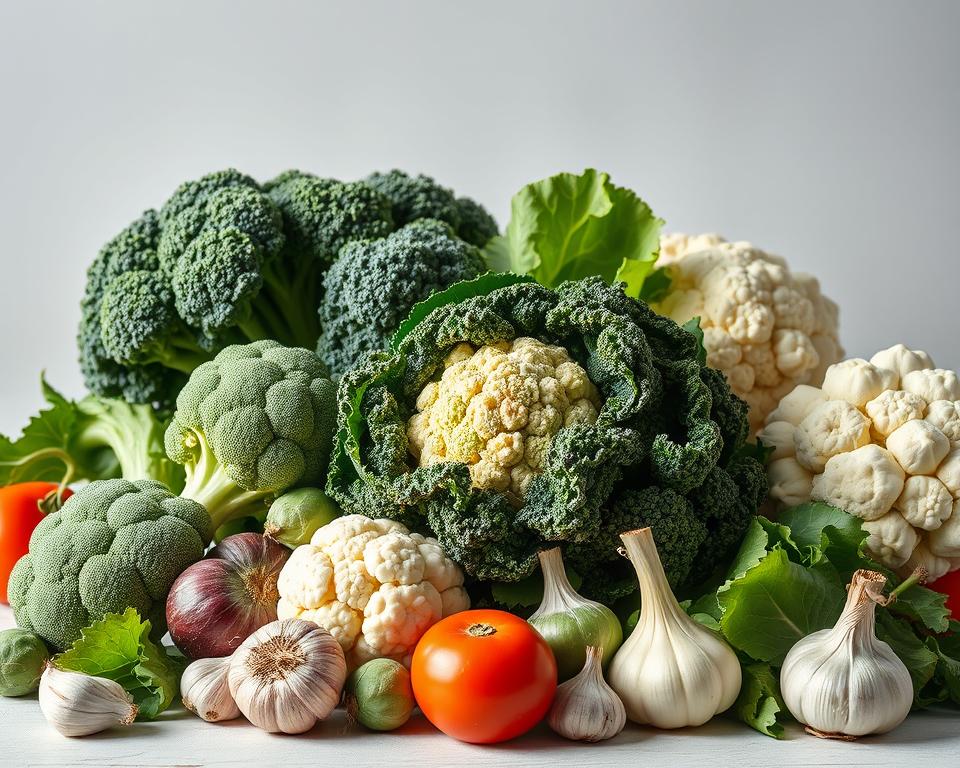 A vibrant, high-resolution image of an assortment of powerful anti-cancer vegetables, including broccoli, kale, Brussels sprouts, cauliflower, and garlic, arranged in a visually appealing composition against a clean, minimalist backdrop. The vegetables should be freshly harvested, with vibrant colors and textures that convey their nutritional potency. Utilize natural lighting to create a soft, inviting atmosphere that highlights the vegetables' inherent beauty and health benefits. Capture the scene from a slightly elevated angle to provide an engaging, panoramic perspective. The overall mood should be one of abundance, vitality, and the promise of cancer-preventing nourishment.