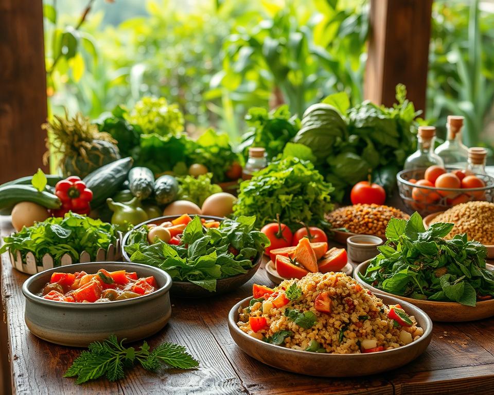A vibrant, lush scene of a plant-based feast. In the foreground, a rustic wooden table is adorned with an array of colorful, freshly prepared dishes - a hearty vegetable stew, a crisp green salad, roasted vegetables, and a variety of whole grains. Soft, warm lighting illuminates the scene, casting a cozy, inviting atmosphere. In the middle ground, a variety of leafy greens, vegetables, and fruits are prominently displayed, showcasing the abundance and diversity of plant-based foods. The background features a serene, natural setting with verdant foliage and a calm, tranquil ambiance, emphasizing the connection between plant-based eating and a healthy, sustainable lifestyle. The overall composition conveys the power, vitality, and nourishment of a plant-based diet.