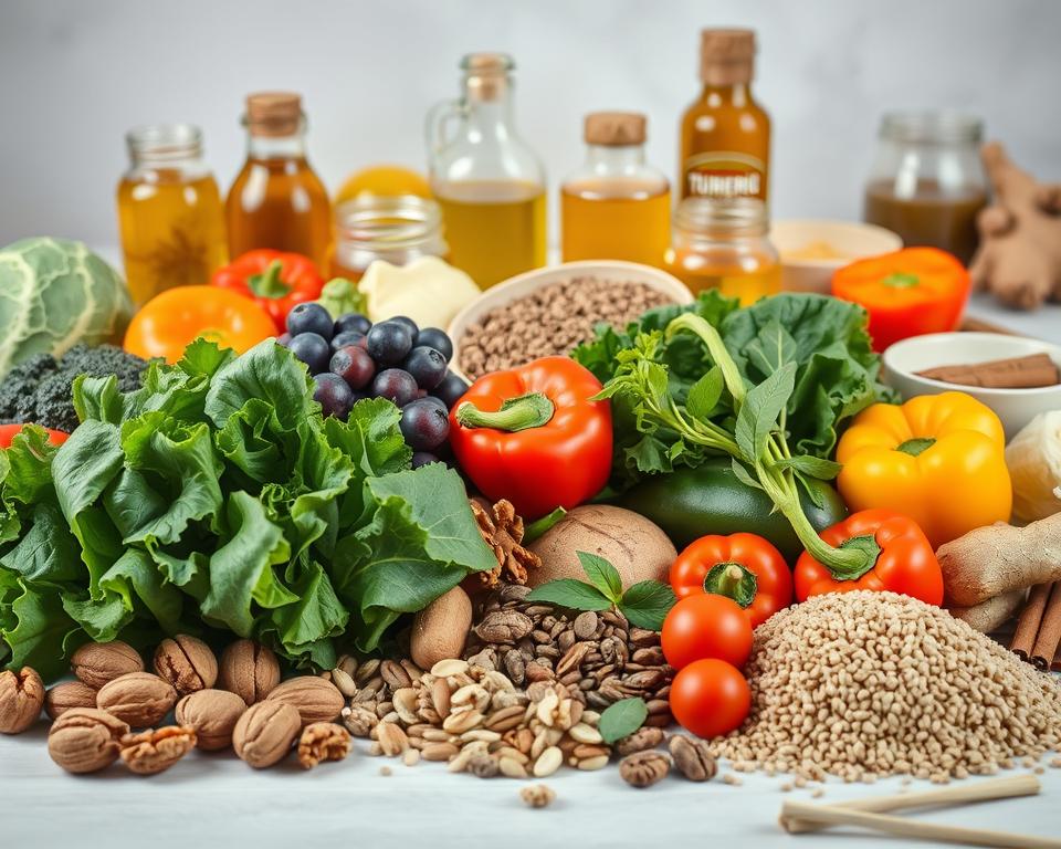 A vibrant still life composition depicting the nutritional components of an anti-inflammatory diet. In the foreground, a variety of fresh vegetables, such as leafy greens, cruciferous vegetables, and colorful peppers, are neatly arranged. In the middle ground, various nuts, seeds, and whole grains, like walnuts, chia seeds, and quinoa, are scattered artfully. The background features jars of healthy oils, such as extra virgin olive oil and turmeric-infused coconut oil, as well as bowls of spices like ginger and cinnamon. The lighting is warm and natural, creating a soothing, inviting atmosphere that emphasizes the nutritional value and health benefits of these anti-inflammatory ingredients. The overall scene conveys the science-backed principles of an anti-inflammatory diet through a visually appealing, high-quality photograph.