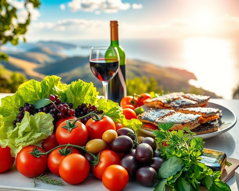 A vibrant still life scene depicting the health benefits of the Mediterranean diet. In the foreground, a selection of fresh, colorful ingredients - ripe tomatoes, crisp lettuce, juicy olives, fragrant herbs, and a drizzle of extra virgin olive oil. In the middle ground, a plate of grilled fish, accompanied by a glass of red wine. The background features a sun-dappled Mediterranean landscape, with rolling hills, azure blue skies, and a glimpse of the shimmering sea. The lighting is soft and natural, conveying a sense of warmth and vitality. The overall composition emphasizes the simplicity, freshness, and health benefits of this vibrant, plant-based way of eating.