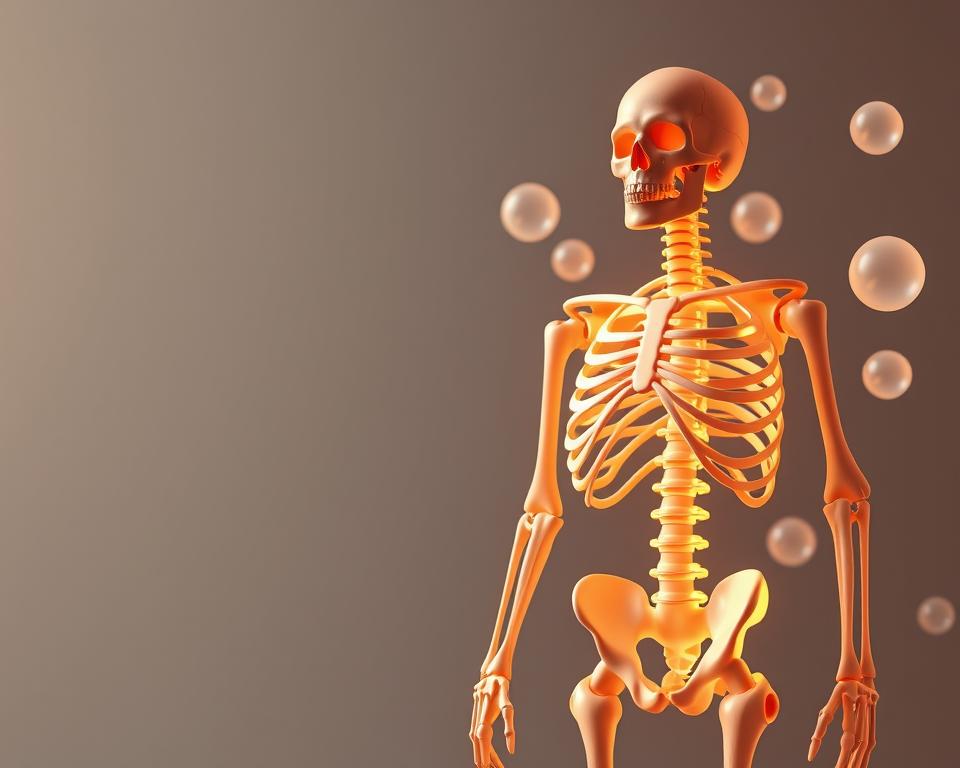 A visually striking 3D illustration depicting the essential relationship between vitamin D and bone health. In the foreground, a detailed human skeleton model stands prominently, its bones illuminated by warm, diffused lighting. The skeleton is surrounded by glowing, translucent spheres representing vitamin D molecules, their soft radiance interacting with the skeletal structure. In the middle ground, a muted background showcases abstract geometric patterns and textures, creating a sense of depth and scientific sophistication. The overall composition conveys the notion that vitamin D is a vital, integral component of maintaining strong, healthy bones, with the visual elements working in harmony to deliver a striking, informative image.