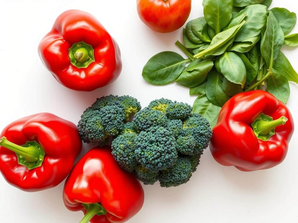 Colorful array of immune-boosting vegetables including red bell peppers, broccoli, and spinach Colorful array of immune-boosting vegetables including red bell peppers, broccoli, and spinach