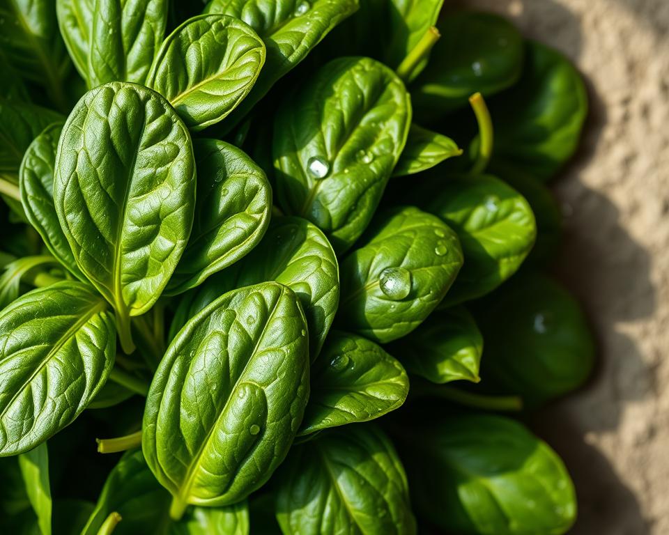 Crisp, vibrant spinach leaves bathed in a soft natural light, glistening with droplets of water. The lush, deep green hues of the foliage contrast beautifully against a muted, earthy background. Potassium-rich and high in nitrates, this nutrient-dense superfood is scientifically proven to help lower blood pressure naturally (Hobbs et al., 2013; Blekkenhorst et al., 2018). A Mediterranean-style recipe for sautéed spinach with garlic and olive oil would pair perfectly with this image, showcasing the power of this key blood pressure-lowering ingredient.