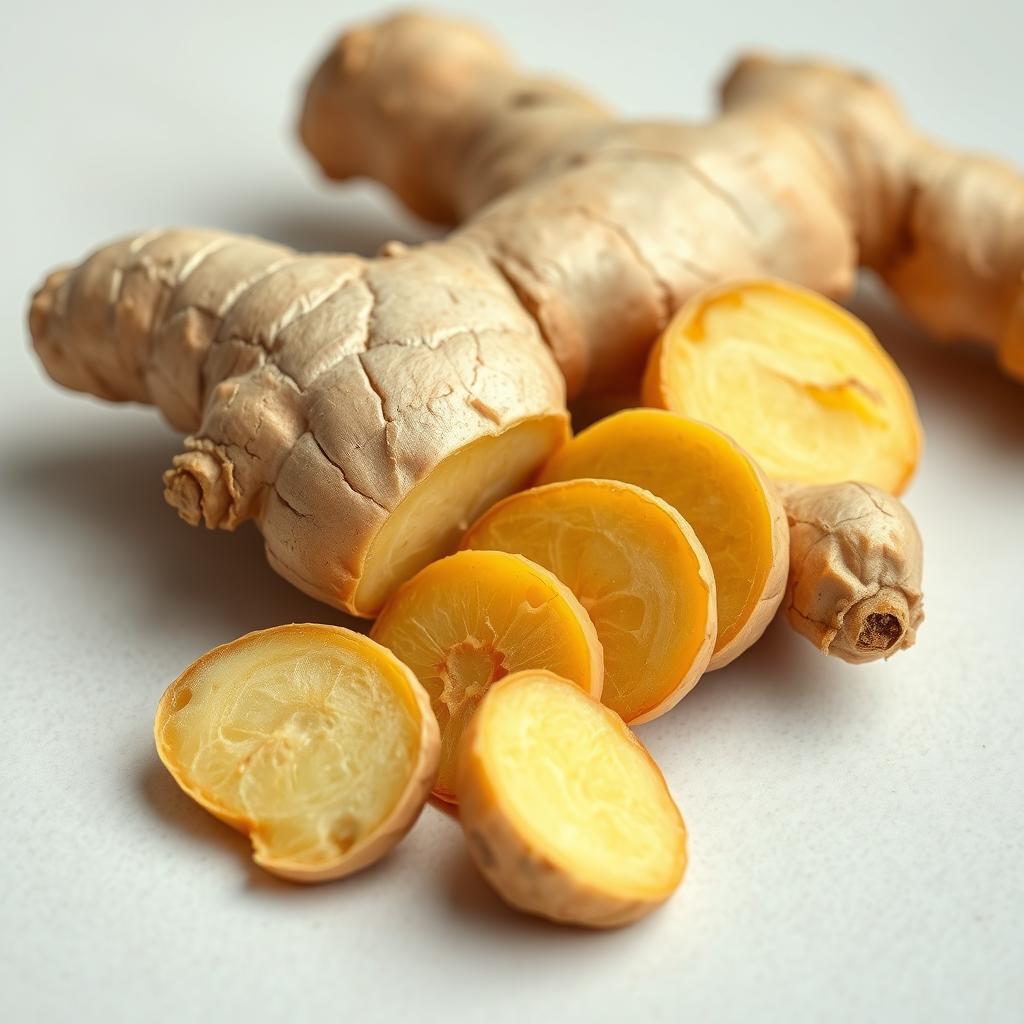 Fresh ginger root whole and sliced to show interior Fresh ginger root whole and sliced to show interior