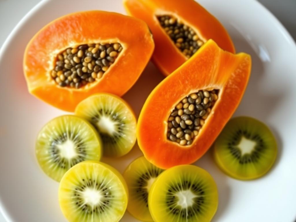 Fresh papaya and kiwi fruits sliced to show vitamin-rich interiors Fresh papaya and kiwi fruits sliced to show vitamin-rich interiors