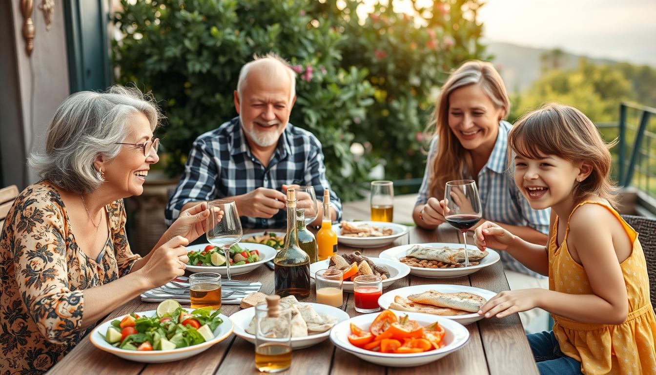Happy family enjoying Mediterranean meal together outdoors Happy family enjoying Mediterranean meal together outdoors