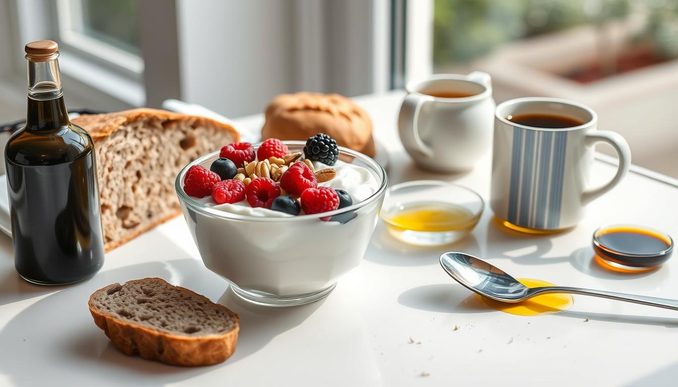 Mediterranean diet breakfast with Greek yogurt, berries, nuts and coffee Mediterranean diet breakfast with Greek yogurt, berries, nuts and coffee